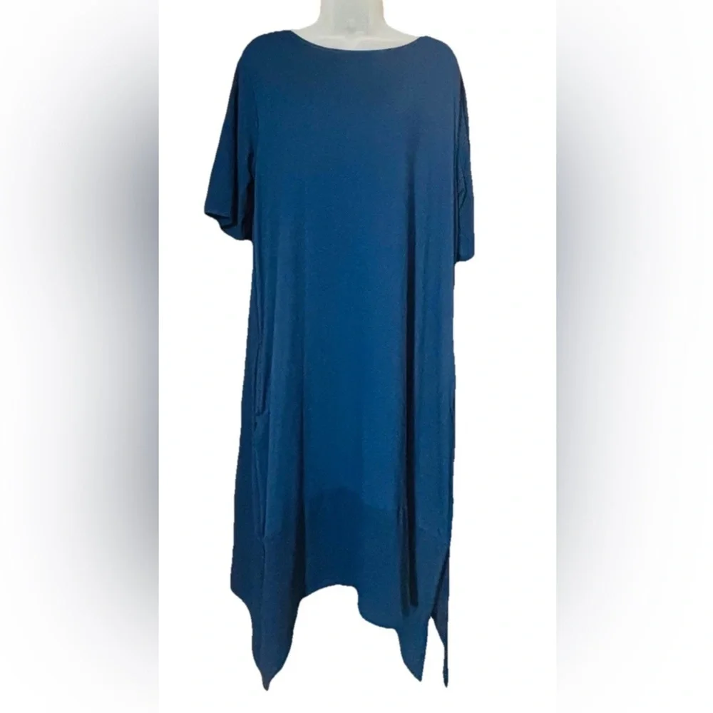 Cuddl Duds Flexwear Elbow Sleeve Rainbow Hem Lounge Dress Navy Size XL Pockets